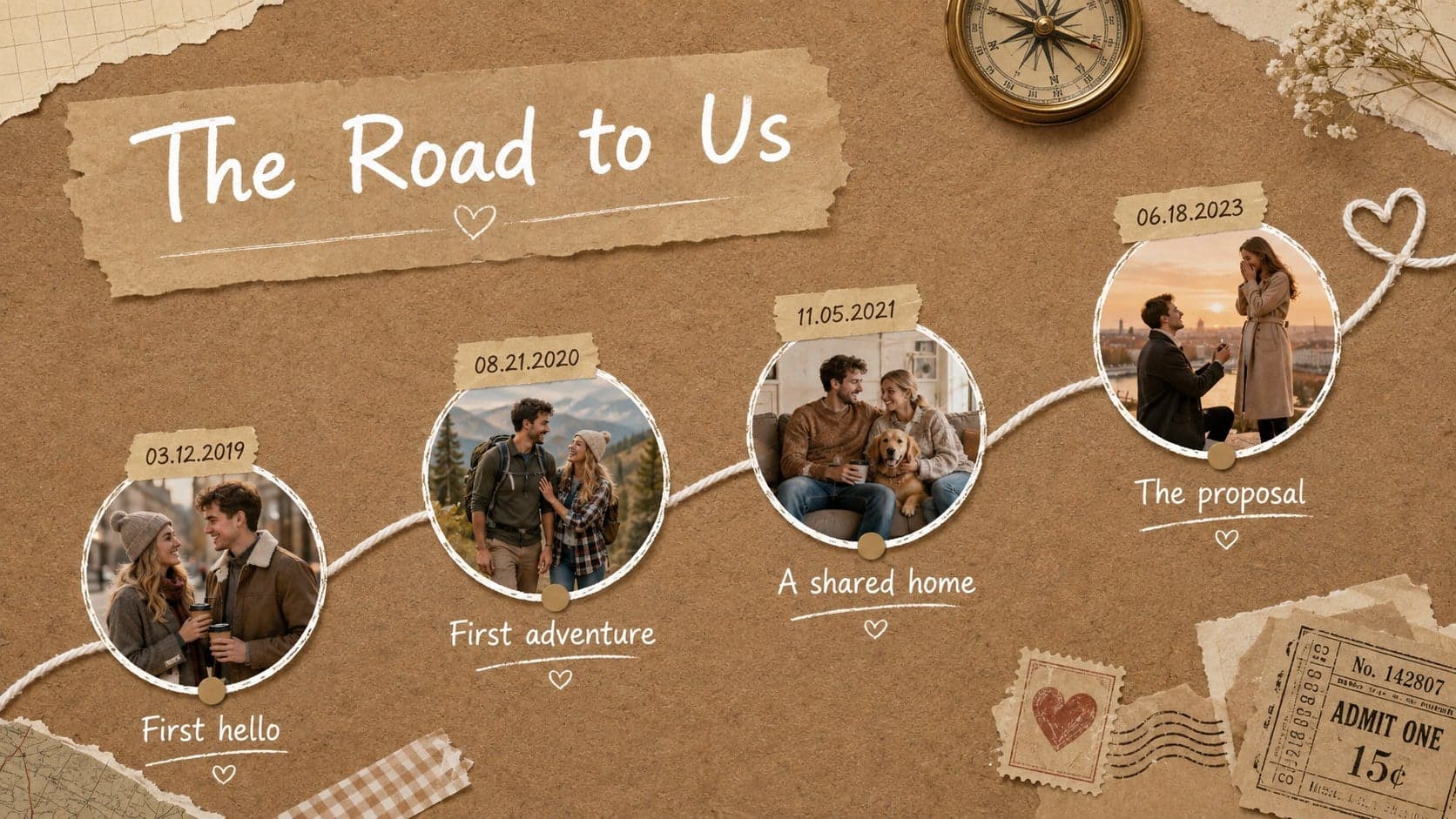 Brown scrapbook relationship timeline slide showing four milestones from first meeting to engagement.