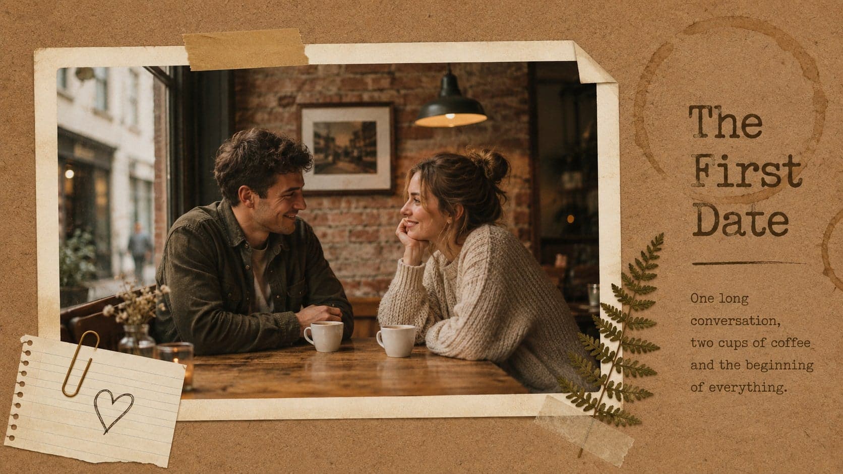 Vintage engagement photo slideshow page presenting the couple's first date memory in a paper collage.