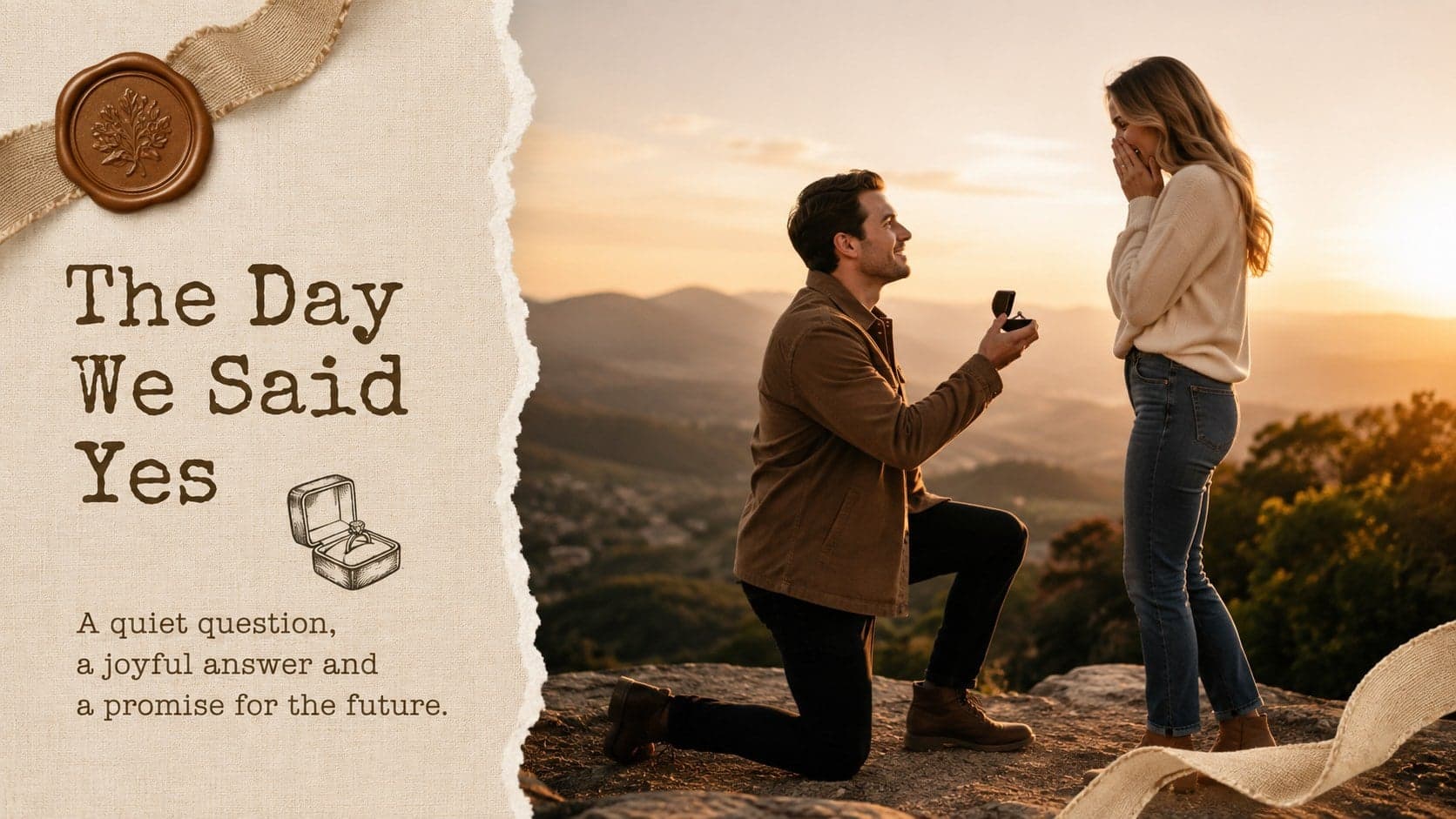 Pre-wedding photo album presentation slide with a large proposal portrait and romantic caption.