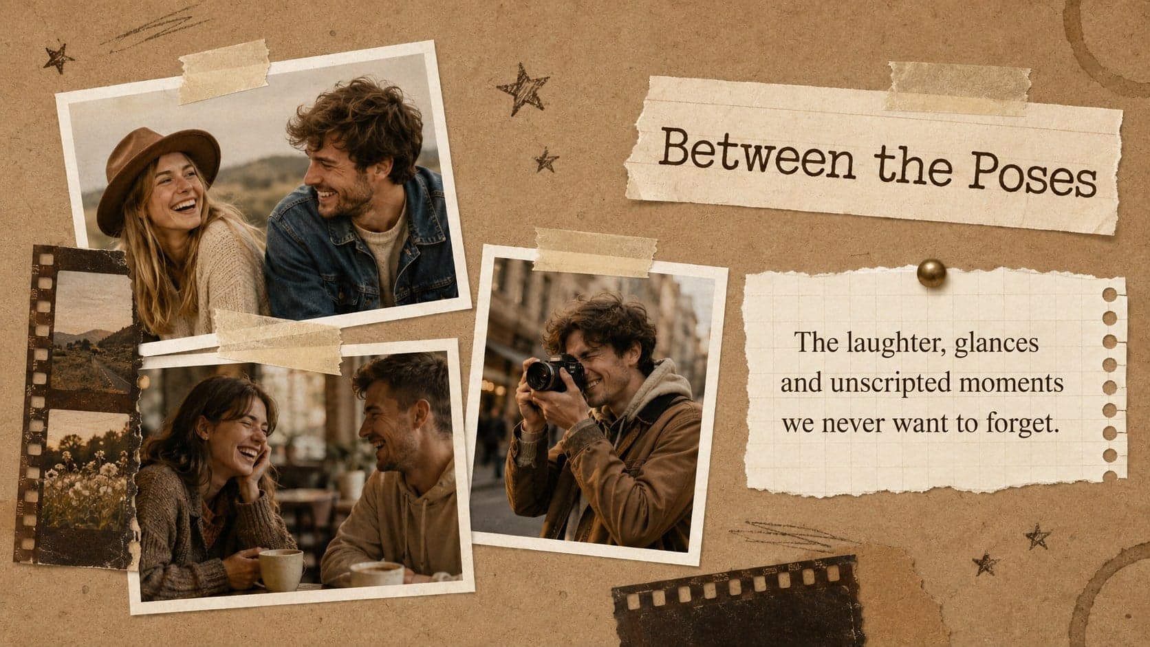 Rustic couple memory book slide displaying three candid engagement photographs in an asymmetrical collage.