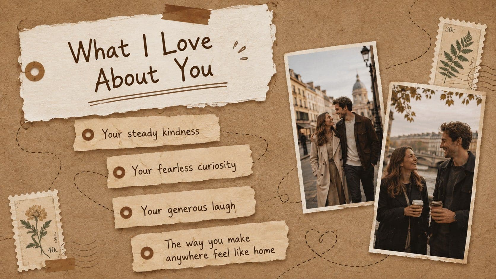 Engagement scrapbook slide listing four cherished qualities beside warm-toned portrait snapshots.