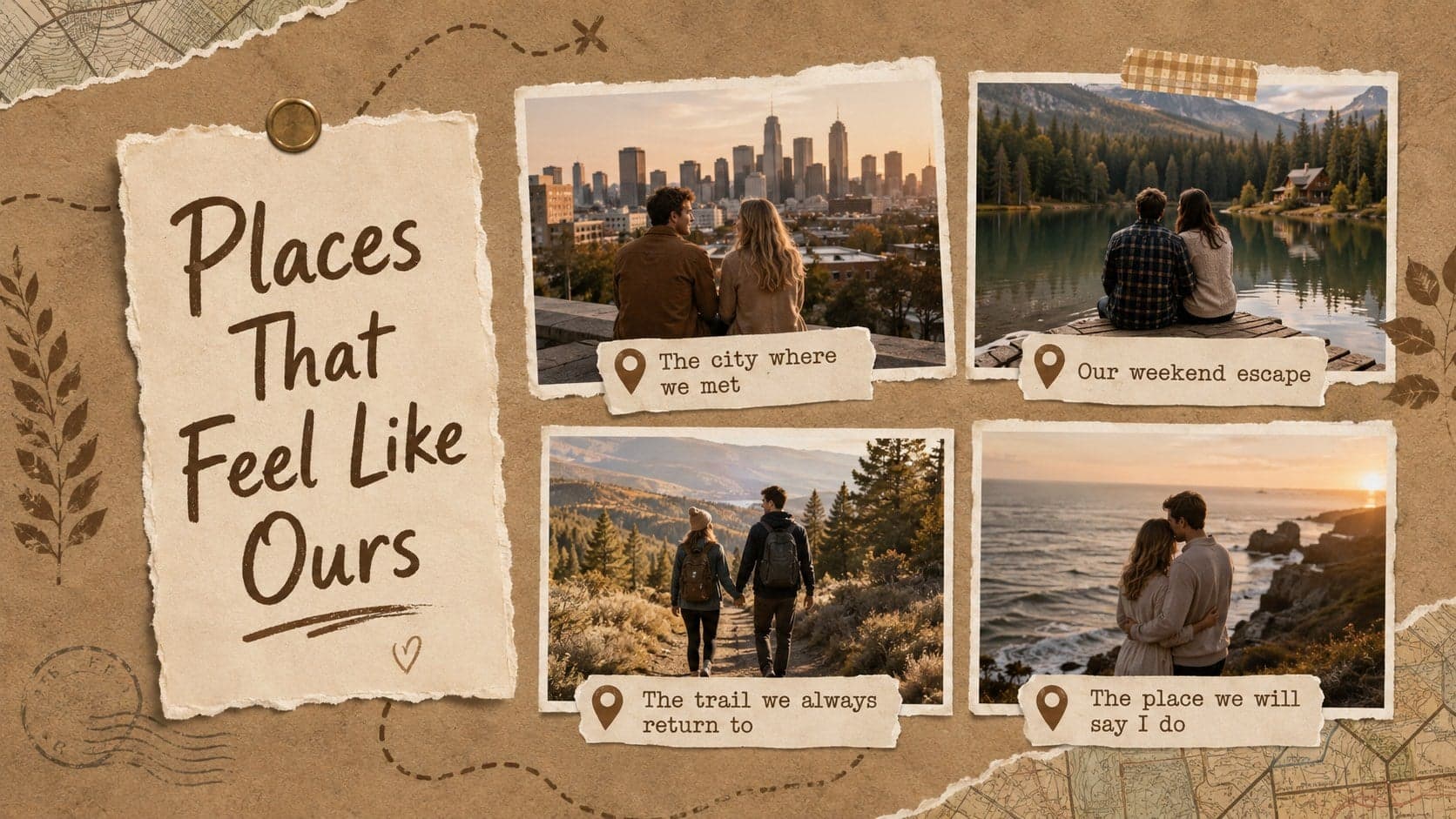 Brown scrapbook wedding presentation page featuring four favorite places and matching couple photos.