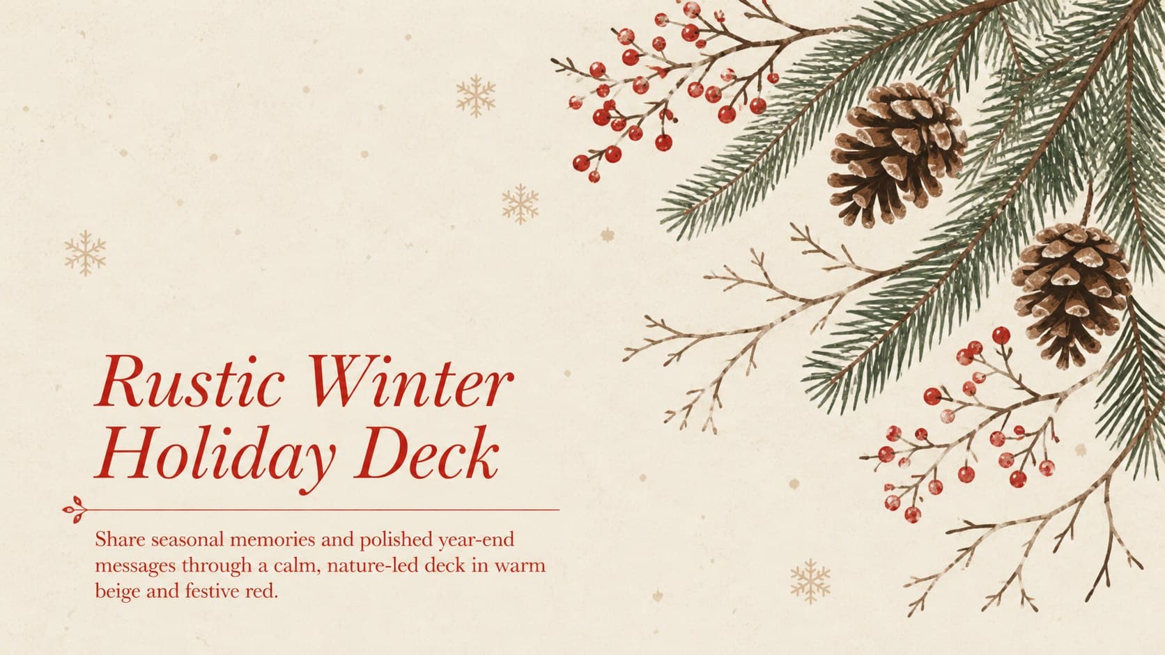 Rustic winter holiday deck cover with beige paper texture, red typography, pine branches, berries, and falling snow.
