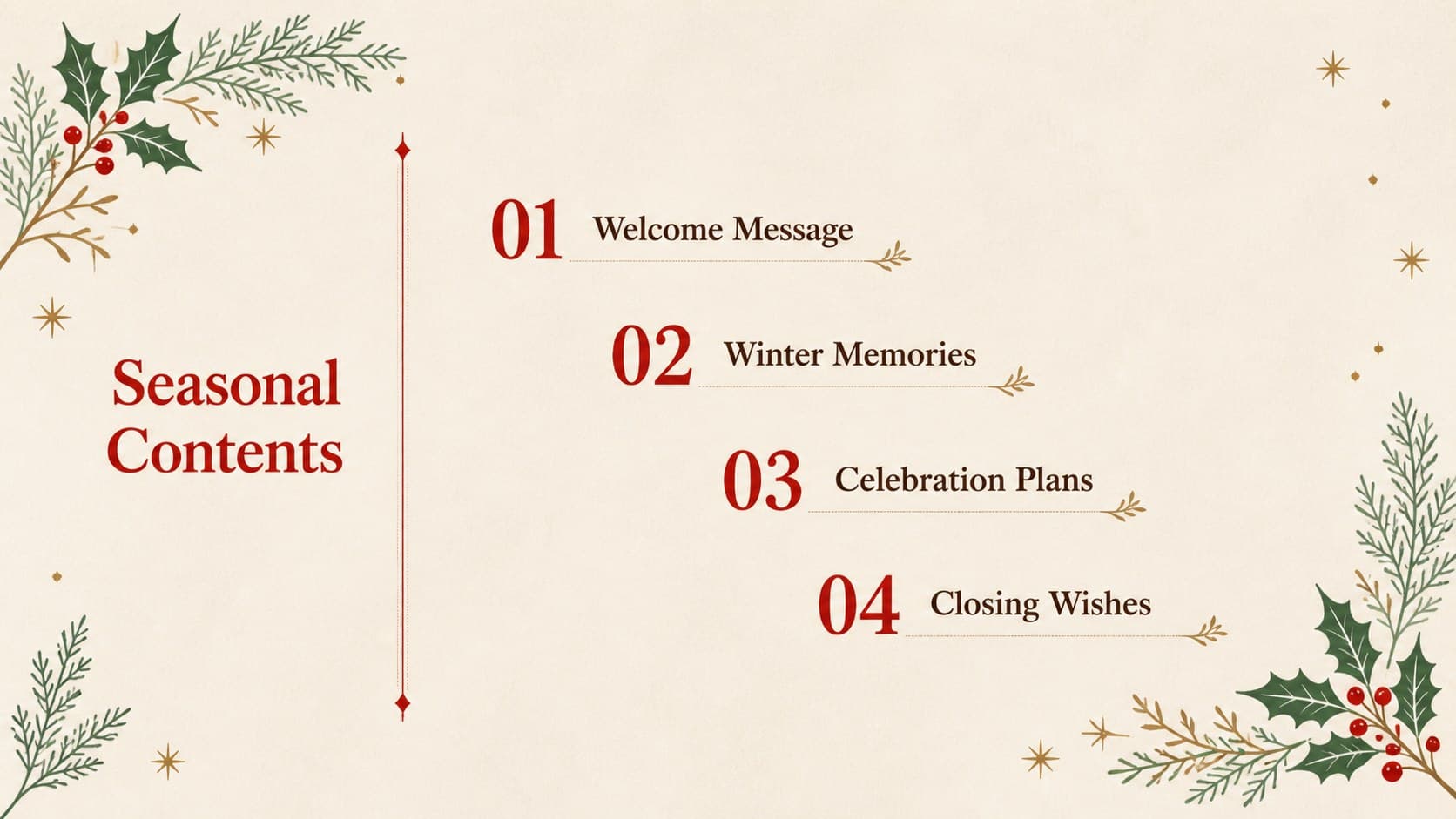 Nature inspired Christmas presentation agenda with four seasonal sections and botanical winter accents.
