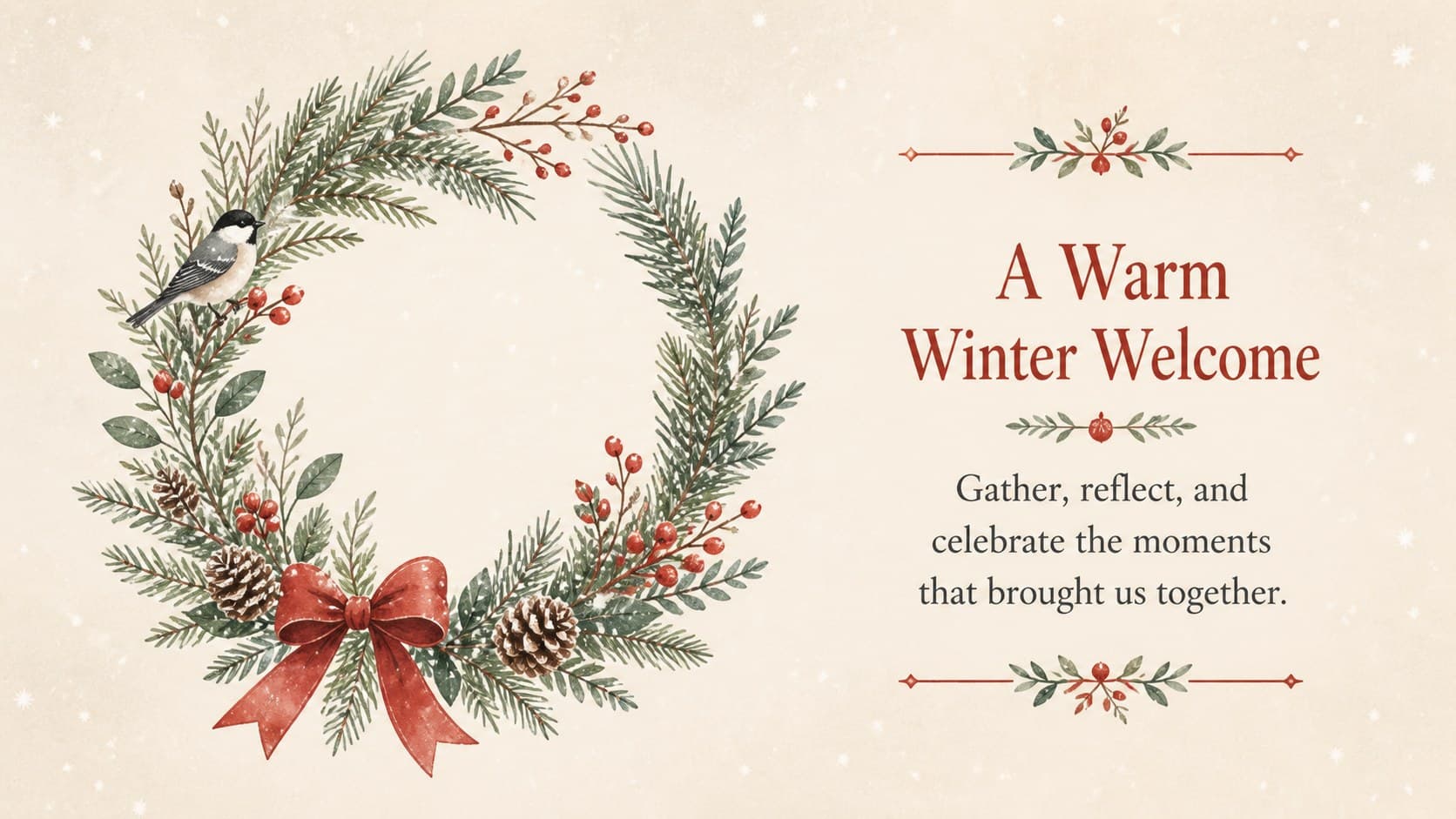 Rustic Christmas greeting presentation slide featuring a large seasonal message and an illustrated evergreen wreath.