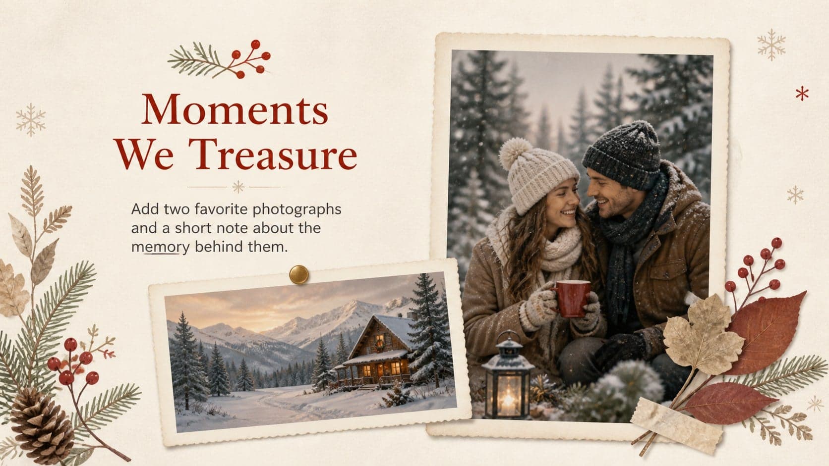 Winter family photo slideshow layout with two image frames, a short caption, and red botanical details.