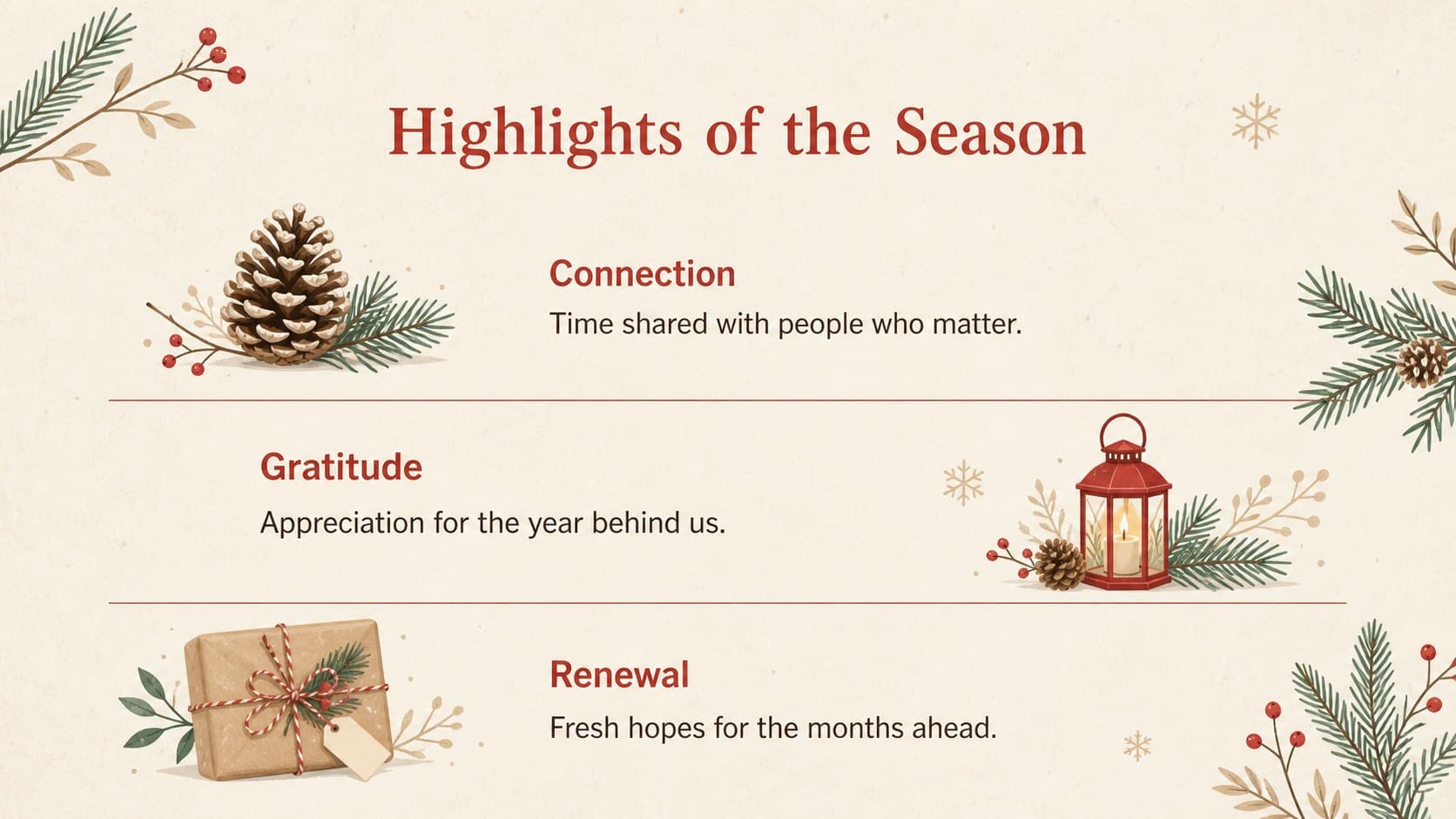 Beige and red holiday slide presenting three Christmas highlights with simple woodland icons.
