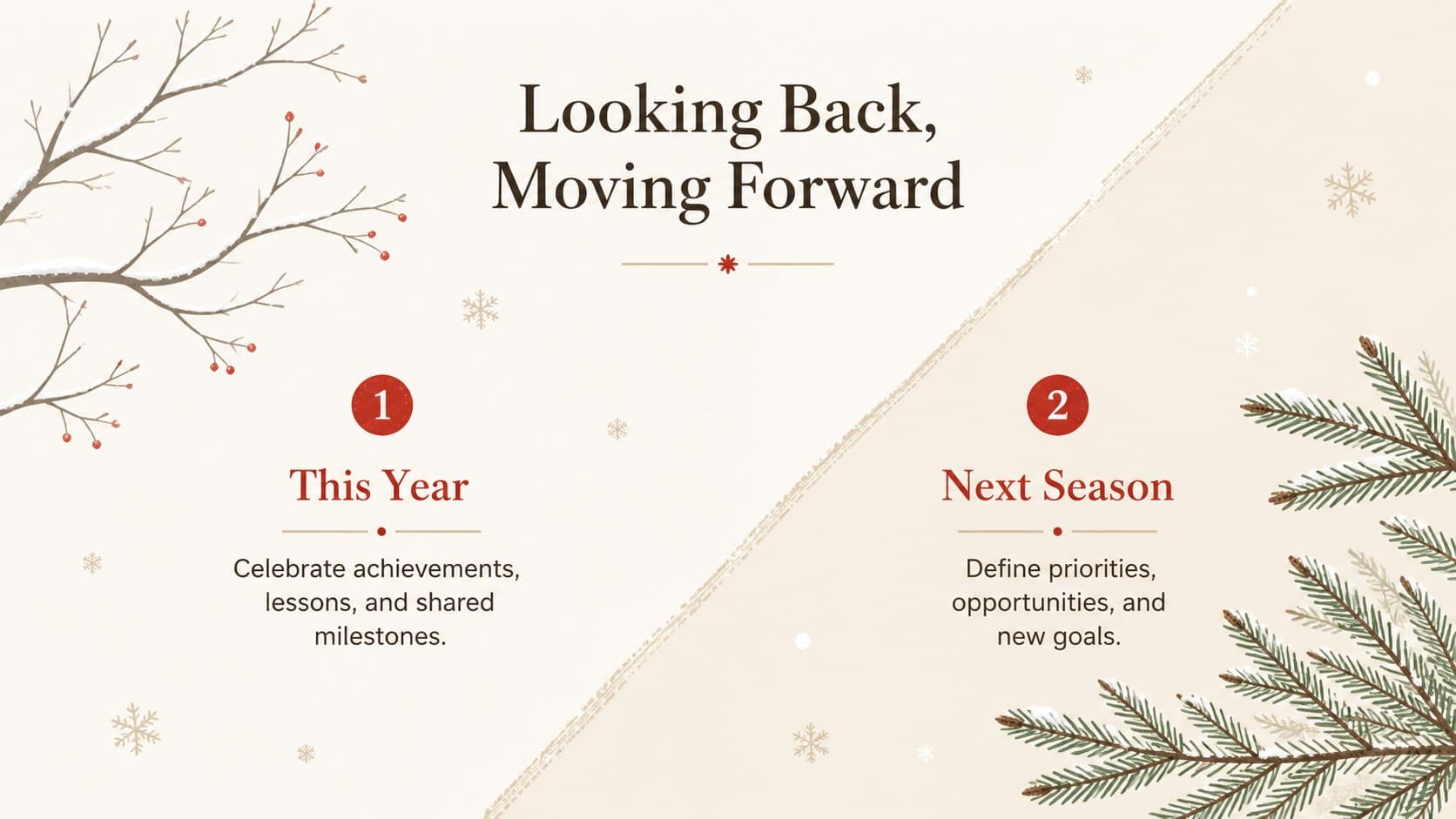 Seasonal business meeting slide comparing year-end achievements and next-season priorities in beige and red.
