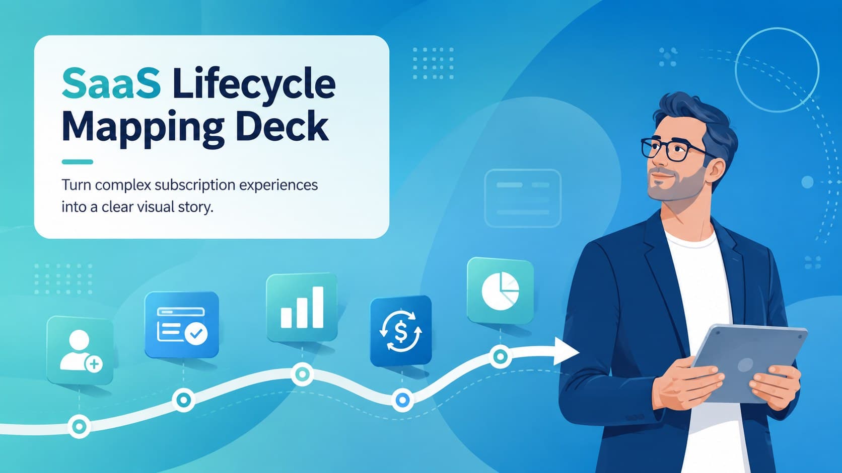 Cover of a blue gradient SaaS lifecycle mapping deck with an illustrated path connecting subscription stages.