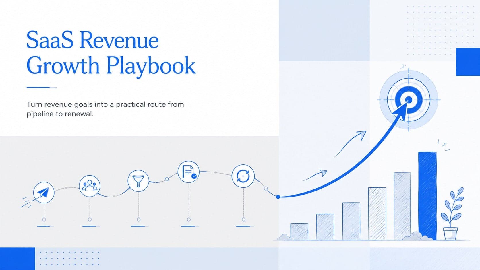 Cover of a SaaS revenue growth playbook with blue and grey corporate graphics and hand-drawn strategy accents.