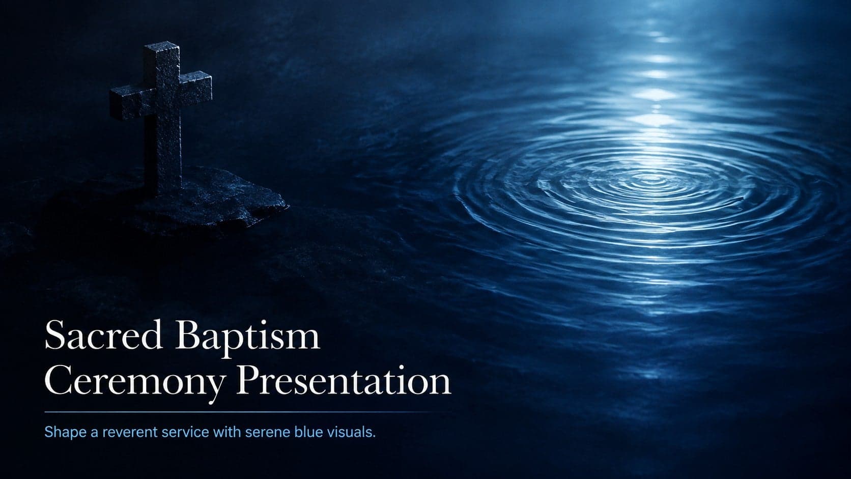 Sacred baptism ceremony presentation cover with luminous blue water and an elegant worship title.