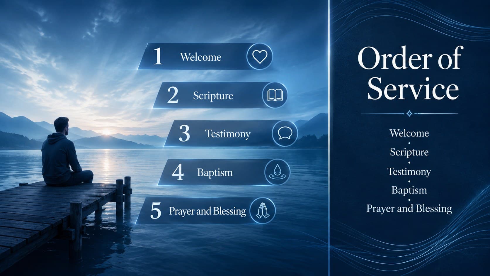 Blue church baptism service presentation slide outlining the order of worship.