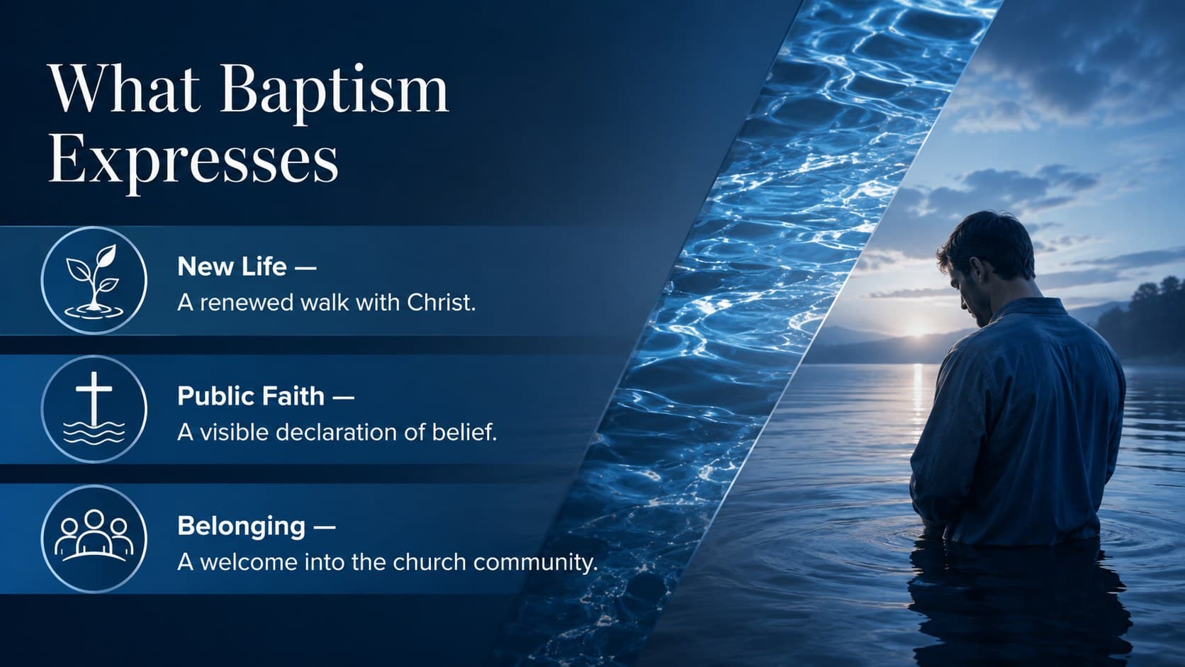 Water immersion teaching slide explaining the spiritual meaning of baptism in three parts.