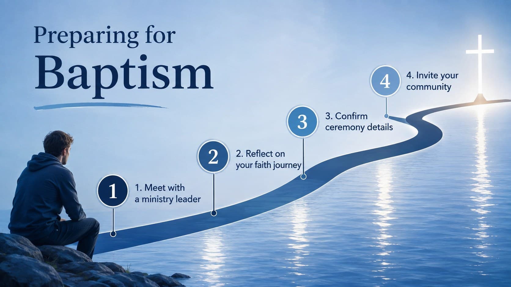 Adult baptism class slide with four practical steps for preparing candidates.