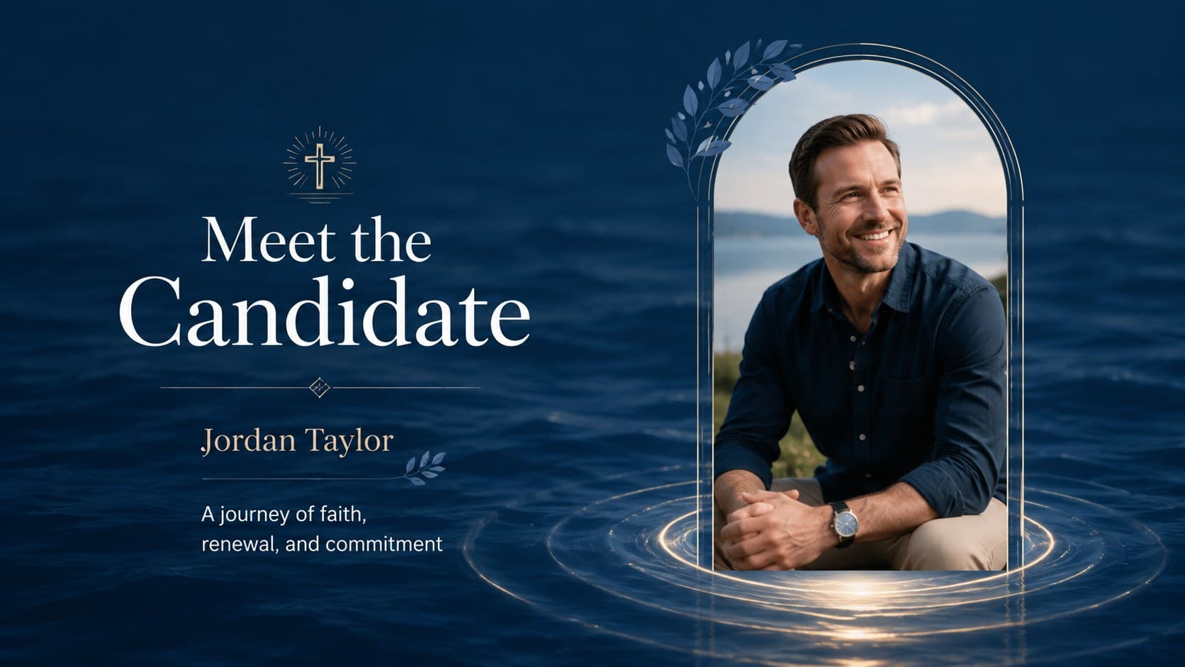 Baptism candidate introduction slide with a portrait space and short faith profile.