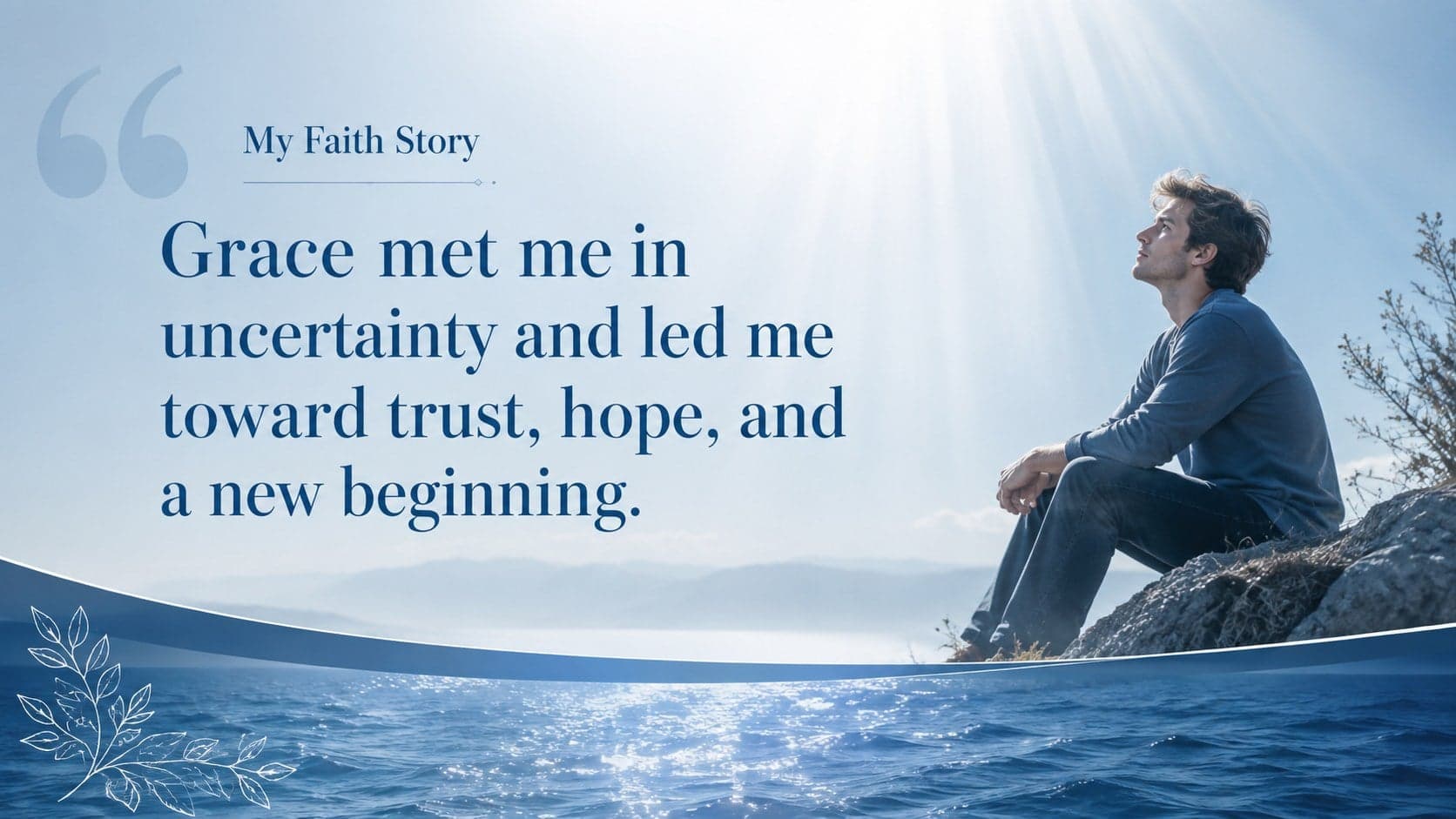Baptism testimony presentation layout with a personal faith story and blue water accents.