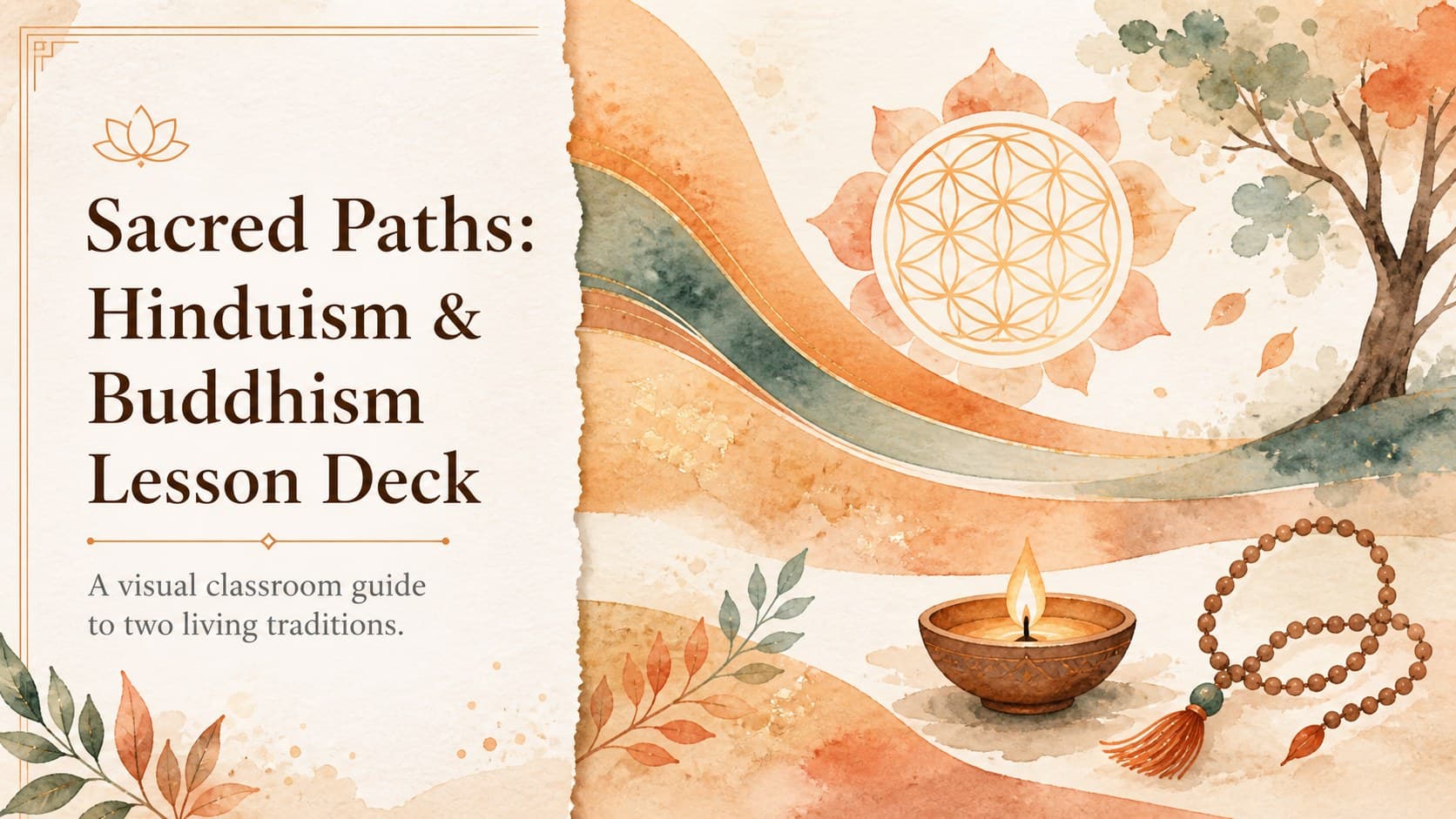Cover slide for a hinduism buddhism lesson deck with warm watercolor artwork and a storybook-inspired title layout.