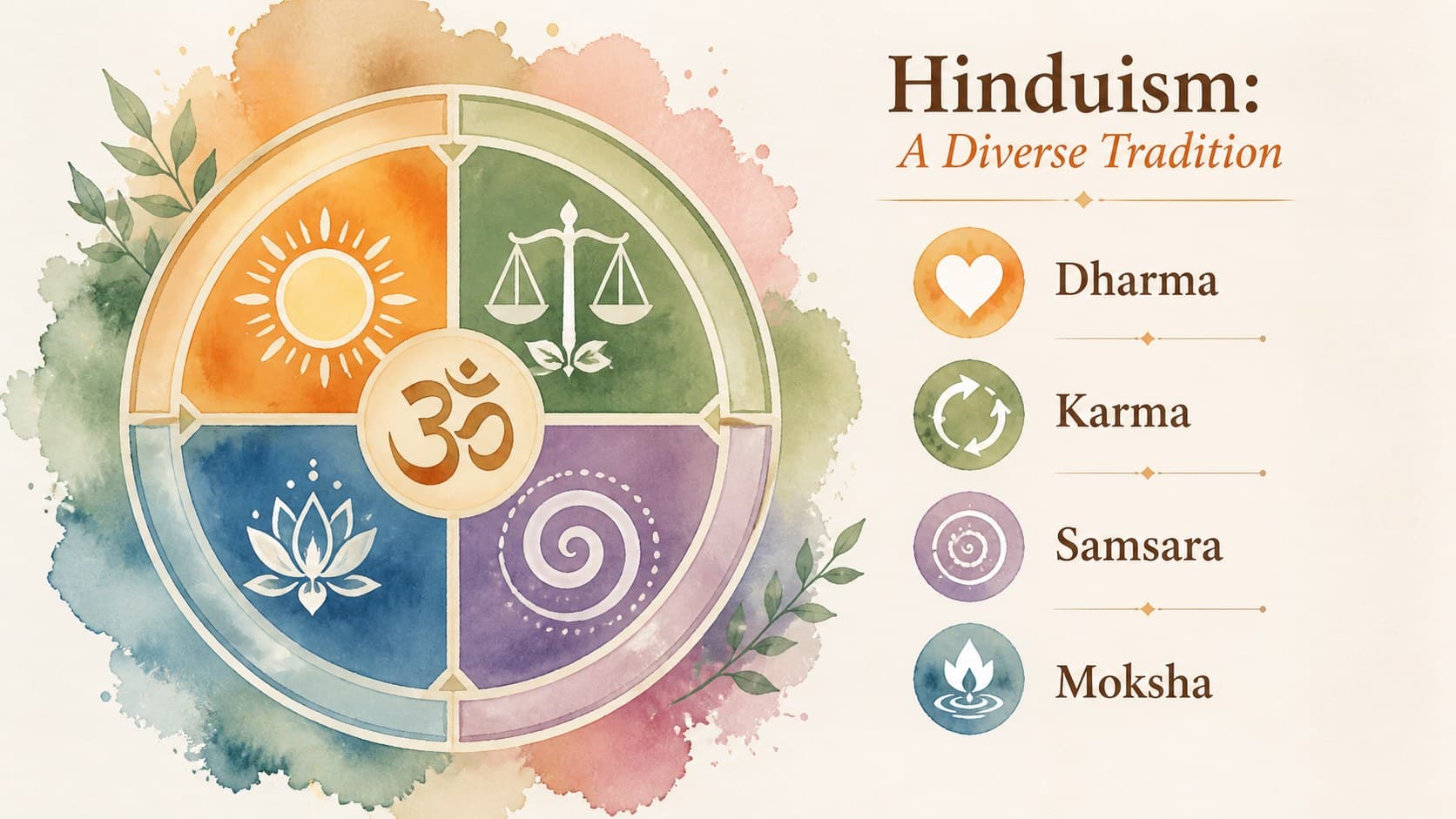 Hinduism overview slide presenting dharma, karma, samsara, and moksha in an illustrated layout.