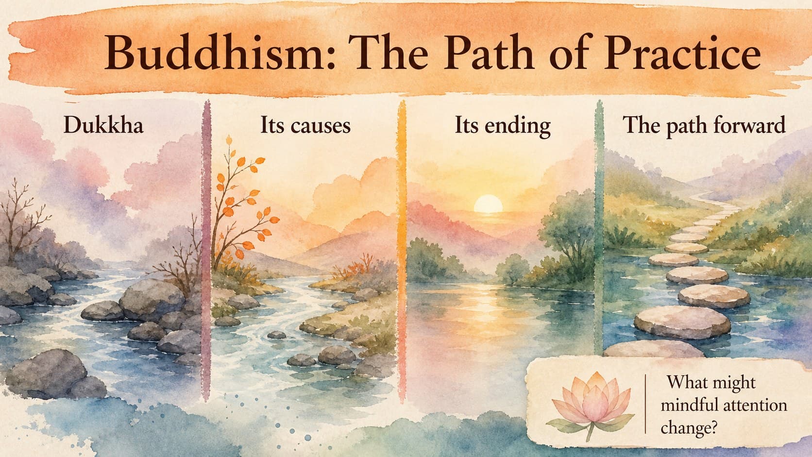 Buddhism overview slide explaining the Four Noble Truths with calm watercolor illustrations.