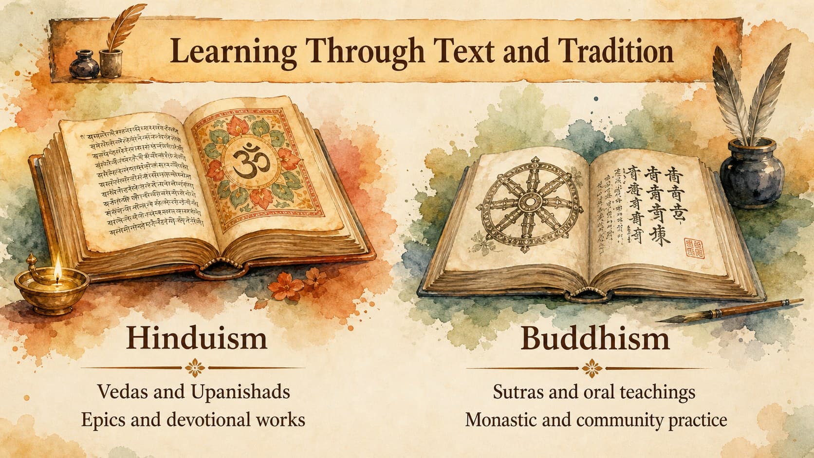 Sacred texts comparison slide showing the Vedas, Upanishads, sutras, and other learning sources.