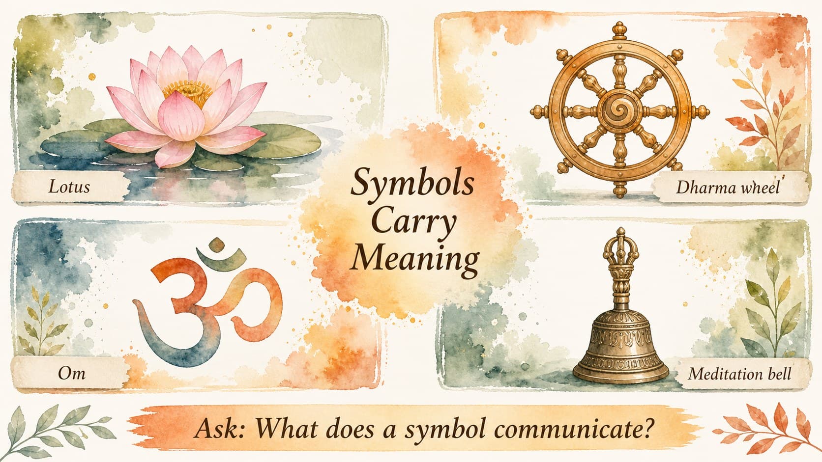 Symbols and visual language slide featuring a lotus, wheel, om, and other religious study motifs.