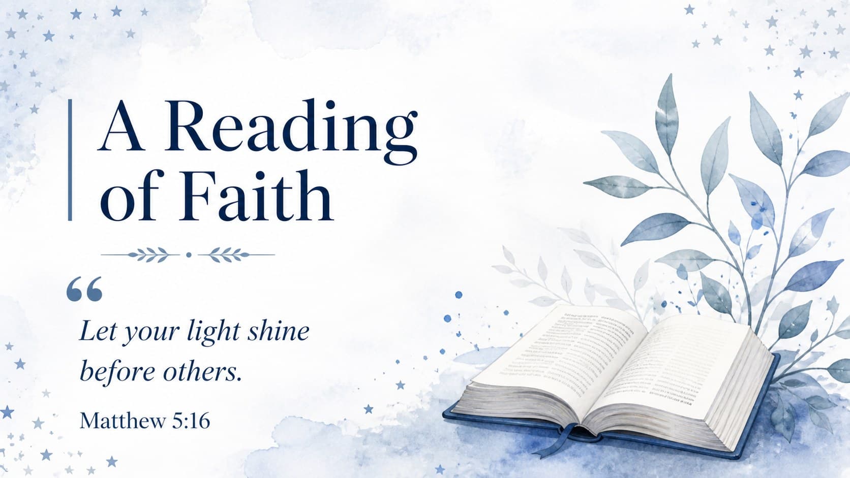 Scripture reading slide in a blue religious presentation template with a centered Bible verse layout.