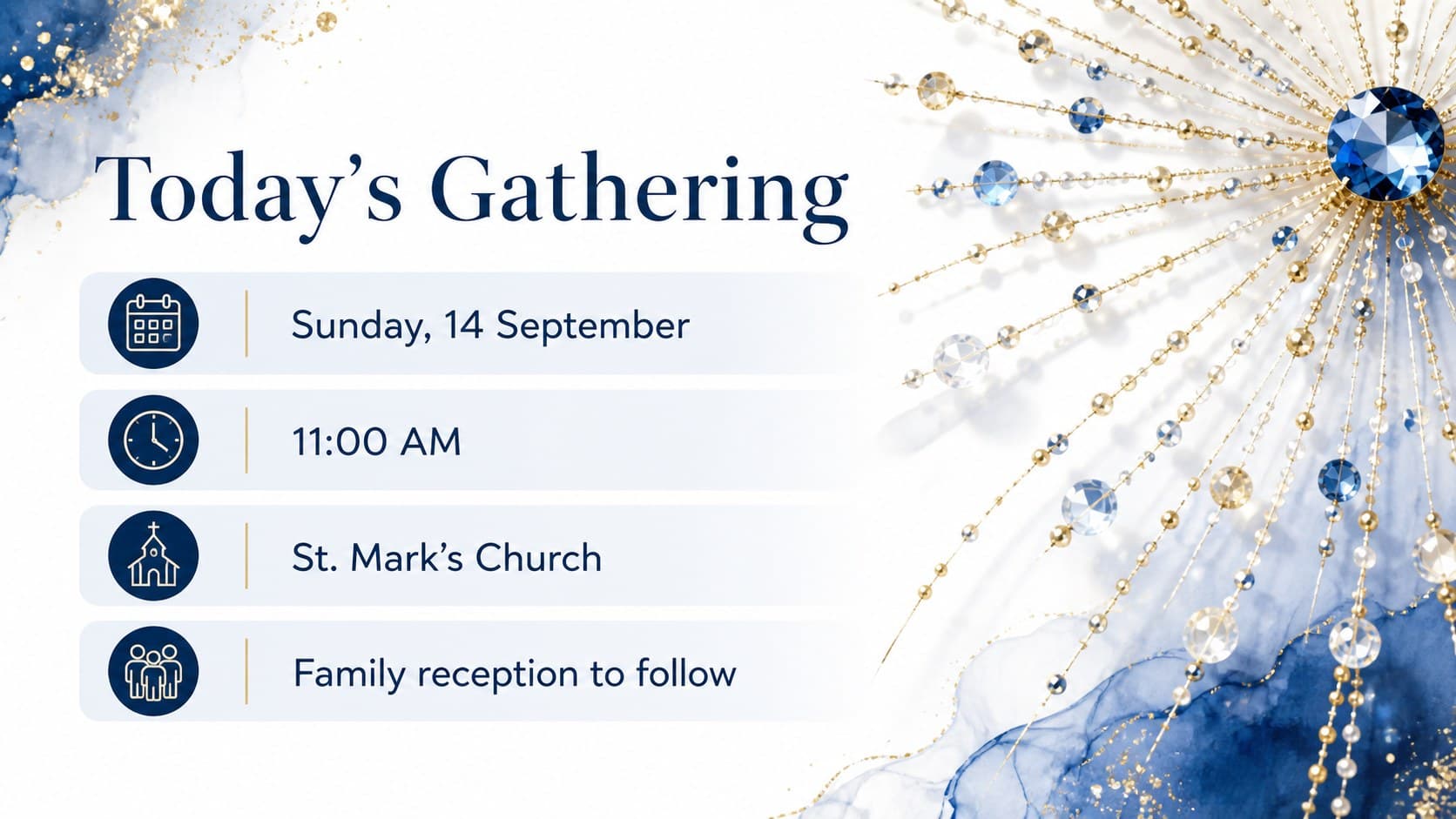 Event details slide for a church christening presentation showing date, time, venue, and reception information.