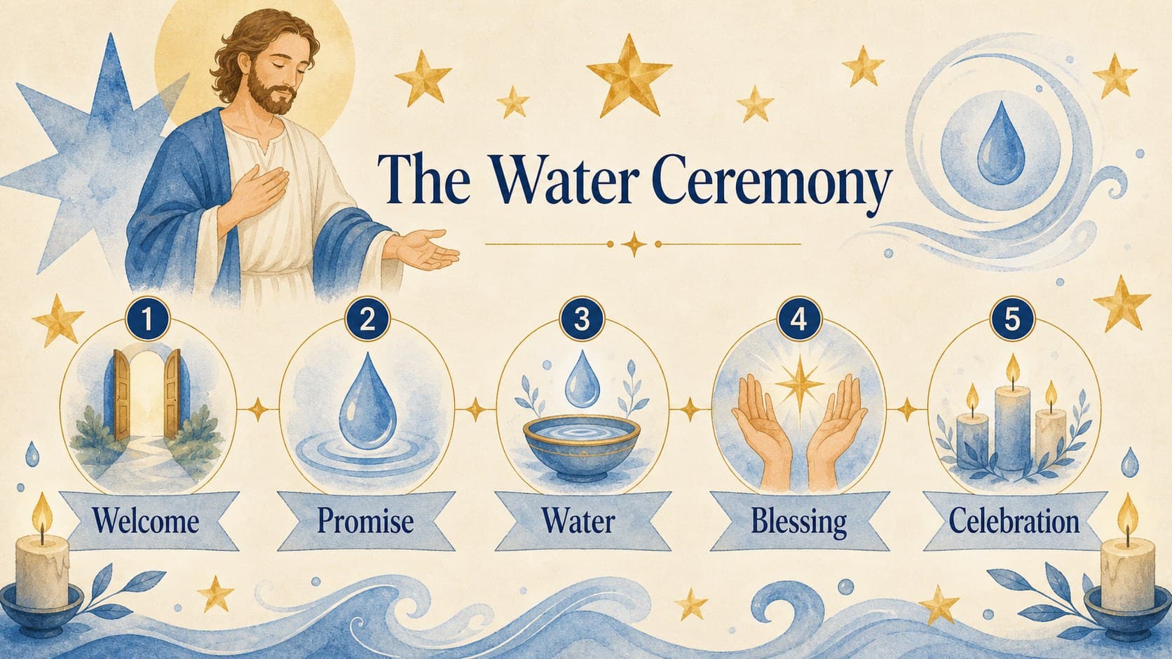 Baptism service order slides showing a peaceful water ceremony sequence in a classic blue layout.