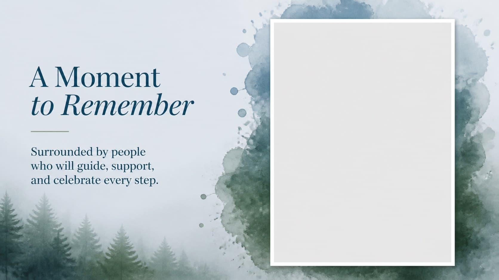 Baptism photo tribute presentation slide with a large image placeholder and a short family caption in blue.