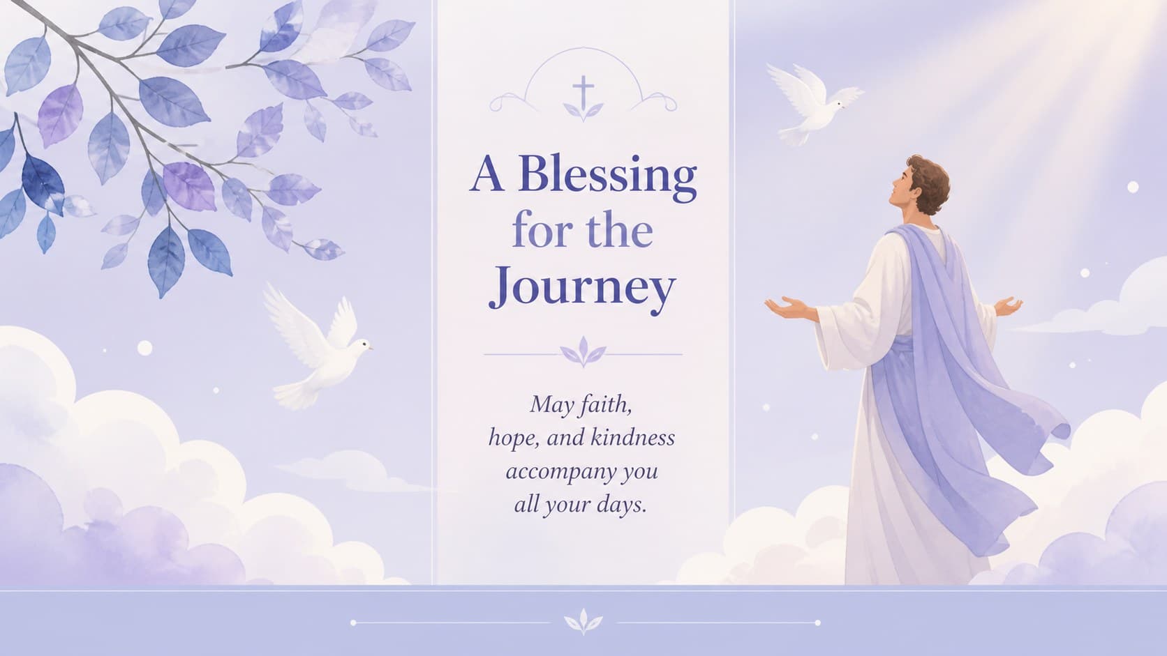 Baptism blessing slide with a blue scripture quote, soft botanical artwork, and space for a personal message.