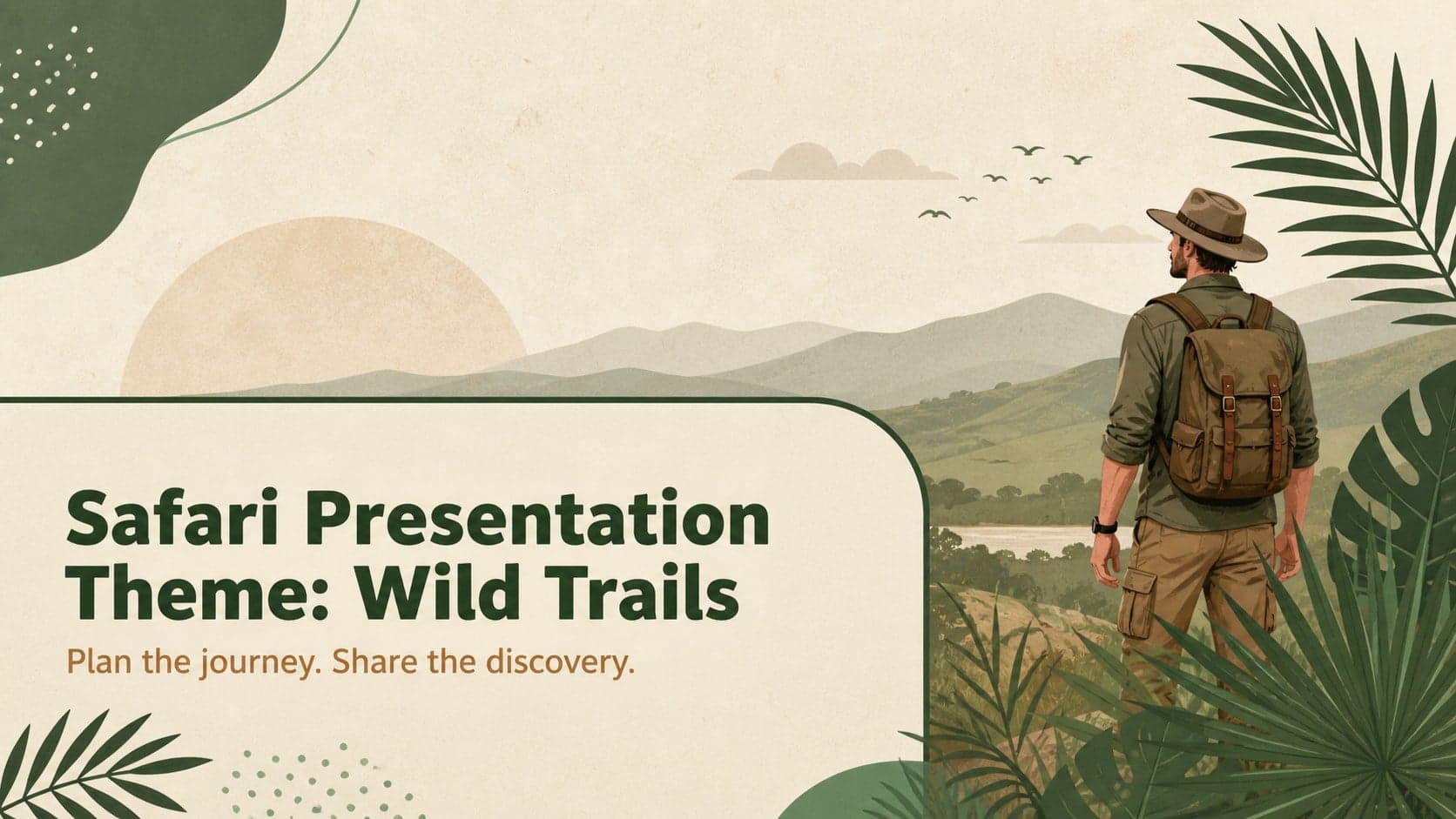 Cover slide for a safari presentation theme with illustrated leaves, a warm beige background, and a bold Wild Trails title.