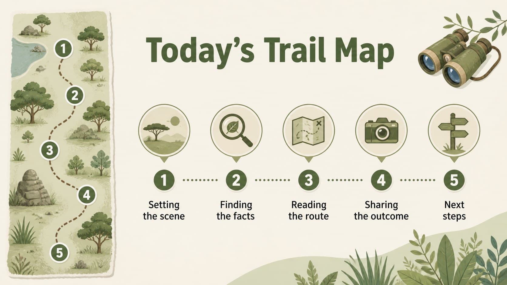 Safari presentation theme agenda slide showing an illustrated route through five expedition topics.