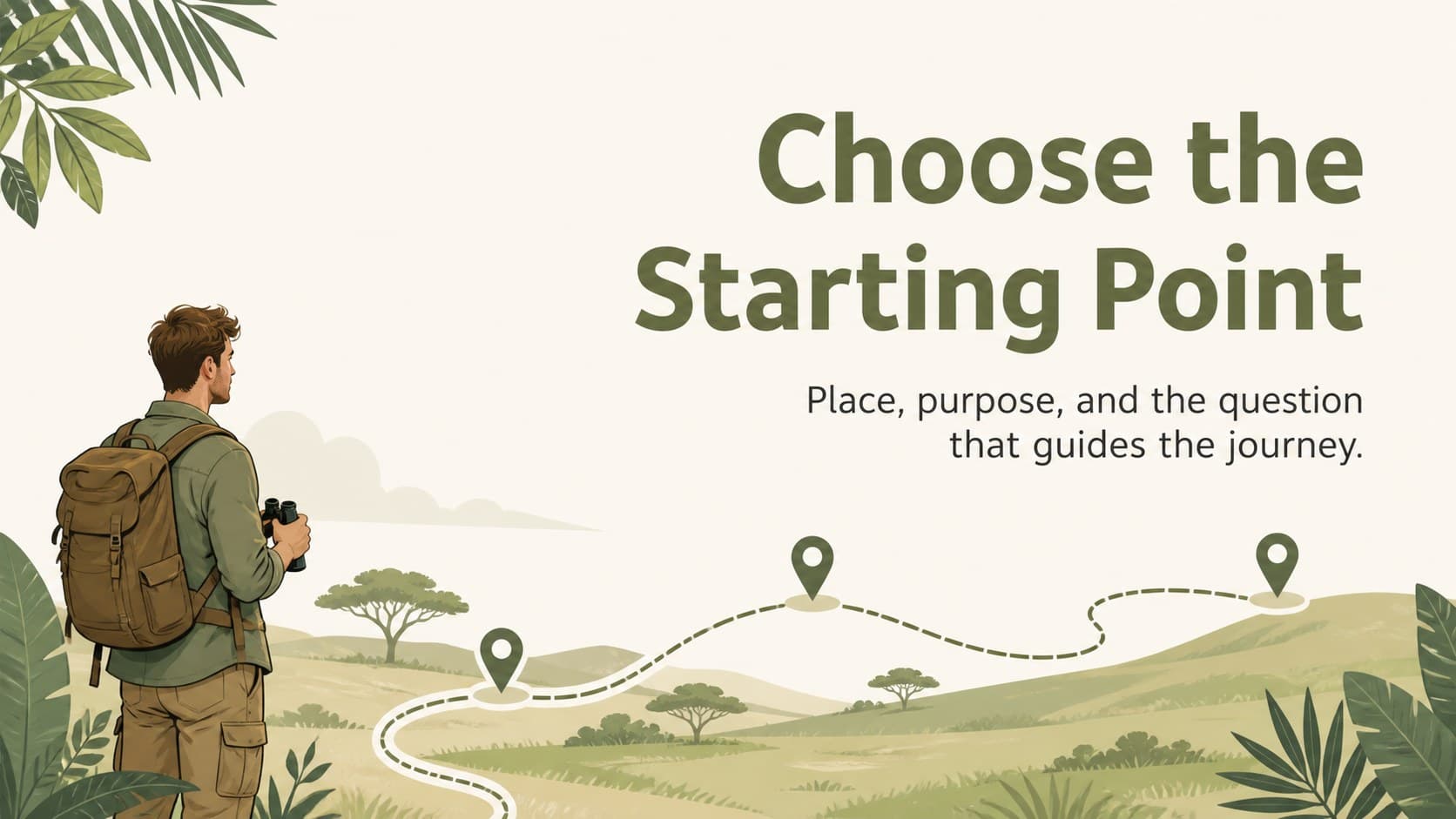Illustrated nature presentation slide introducing a safari destination with a route marker and foliage.
