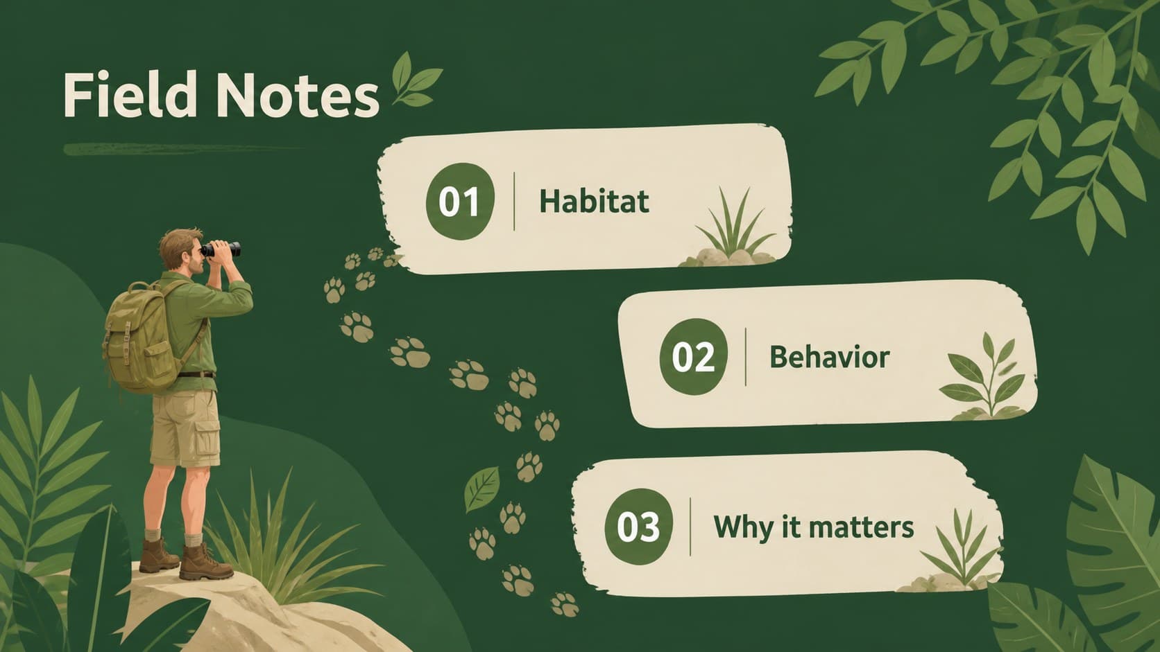 Green safari presentation theme slide with three illustrated wildlife facts and beige text panels.