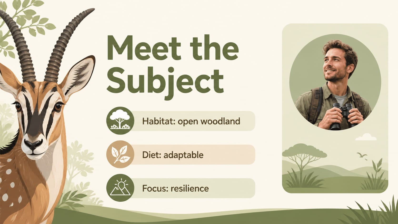 Wildlife education slide with an illustrated animal profile, habitat notes, and green comparison labels.