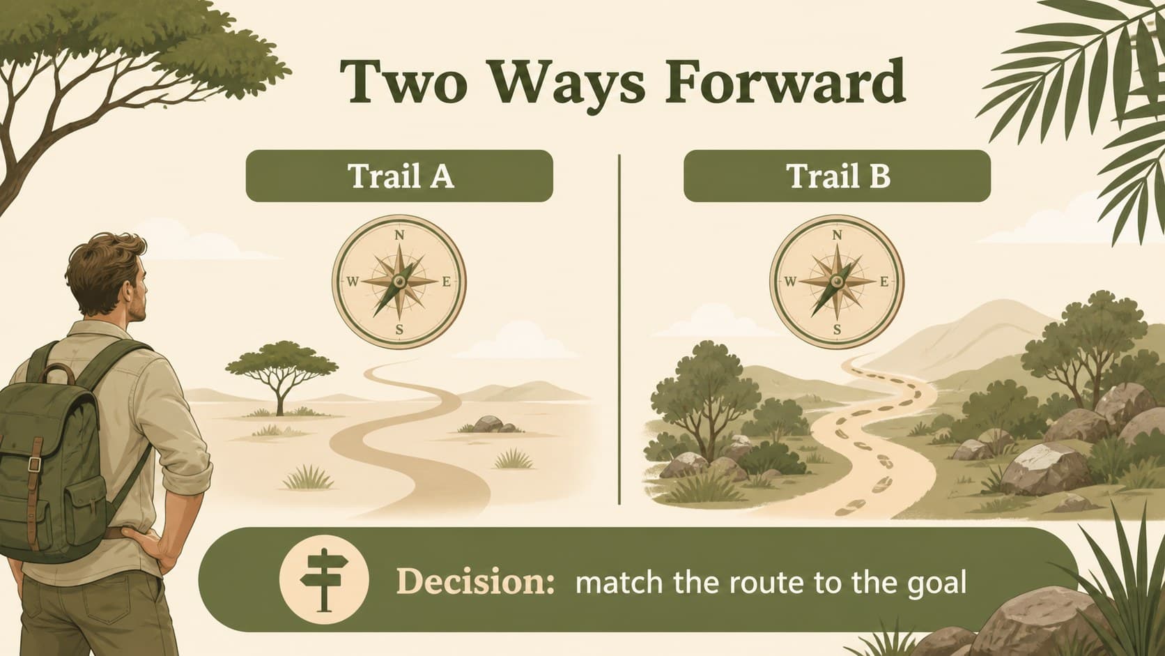 Nature project presentation slide comparing two routes with illustrated markers and concise green captions.