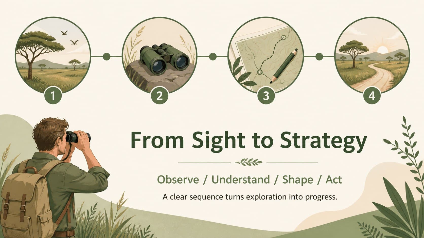 Illustrated safari presentation theme timeline showing four stages from observation to action.