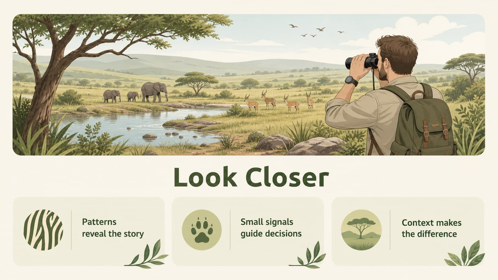 Wildlife education slide with a large illustrated observation scene and three takeaway captions.