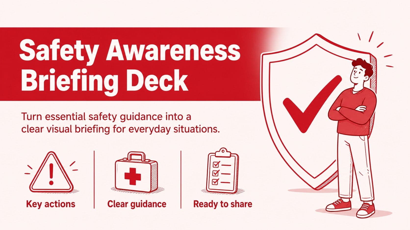 Cover slide for a safety awareness presentation deck with red-and-white illustrated safety symbols and a bold briefing headline.