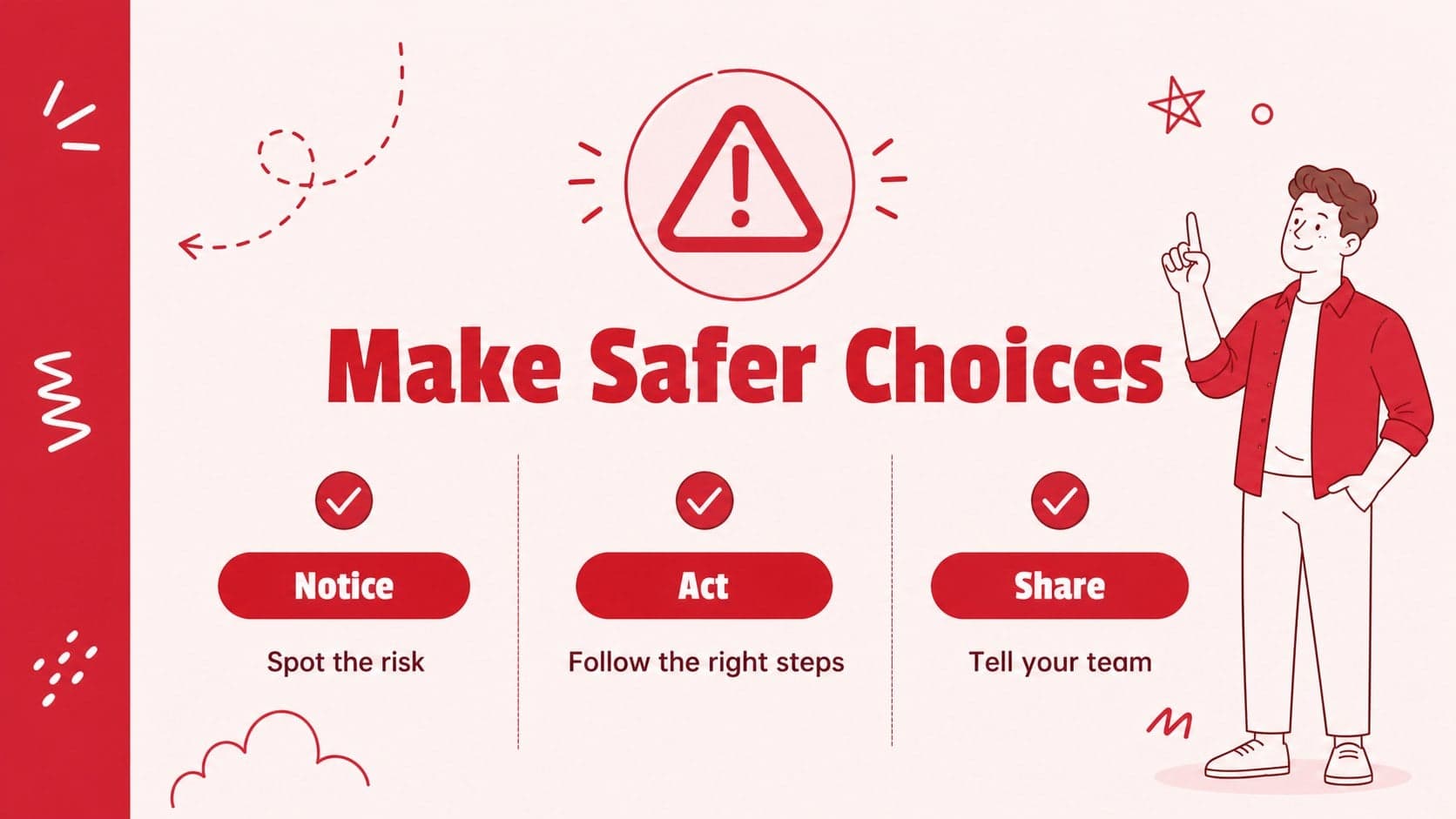 Workplace safety briefing slides layout showing illustrated precautions, numbered actions, and editable red-and-white callouts.