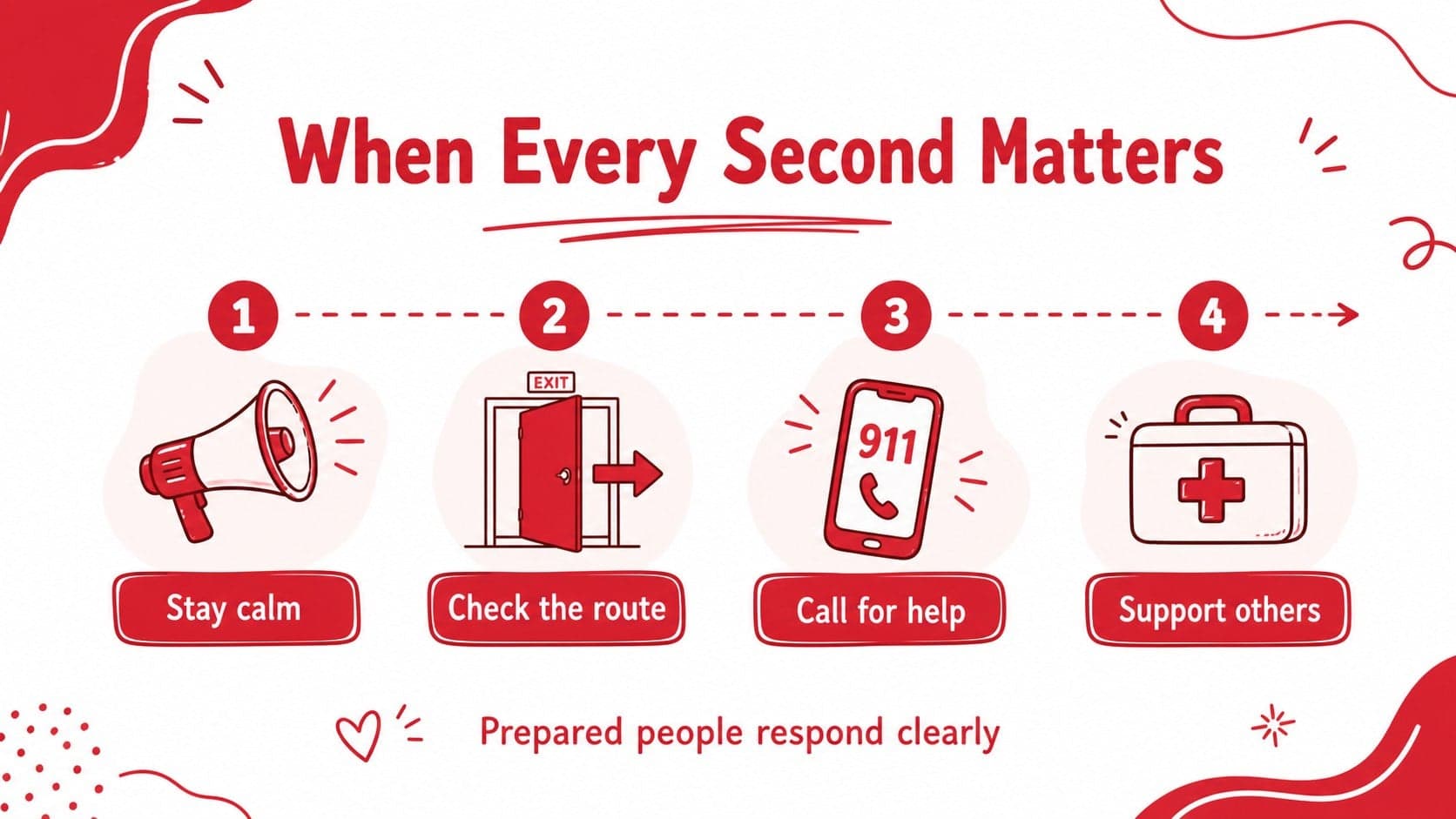 Emergency preparedness slide with a red action checklist, safety icons, and editable guidance for a public awareness campaign presentation.