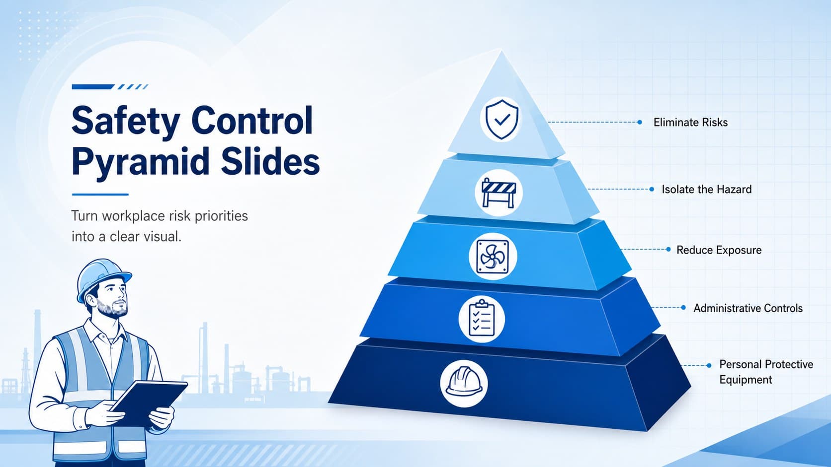 Cover for Safety Control Pyramid Slides with a blue gradient risk-control diagram and clean corporate typography.