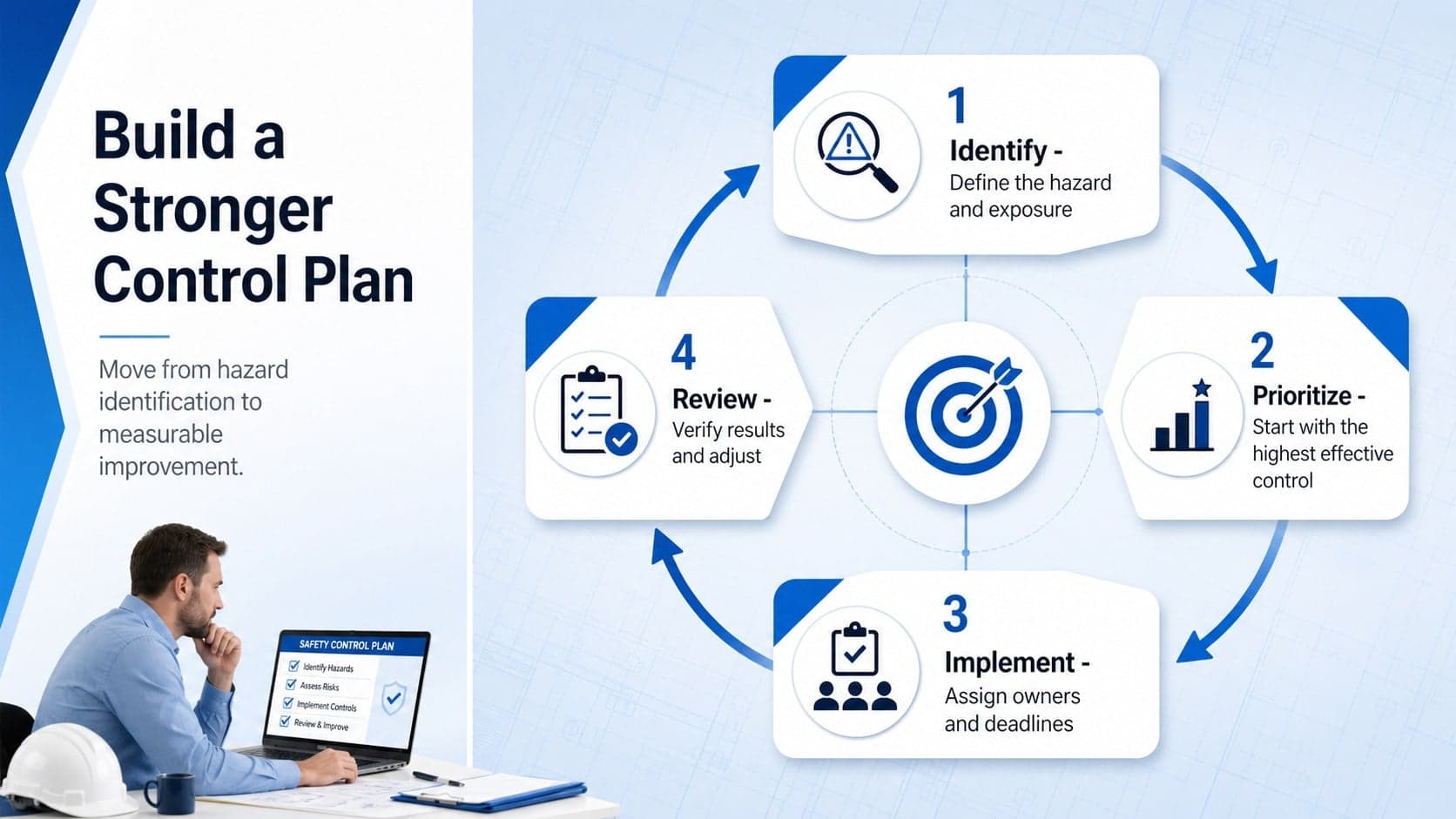 Risk reduction pyramid presentation slide with a four-step action plan for selecting workplace controls.