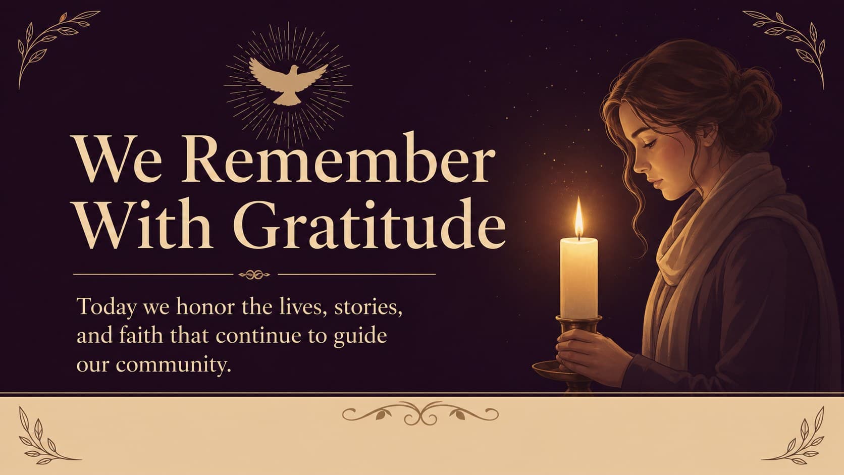 Editable church remembrance service slide showing a candle tribute message with purple and beige illustrated foliage.