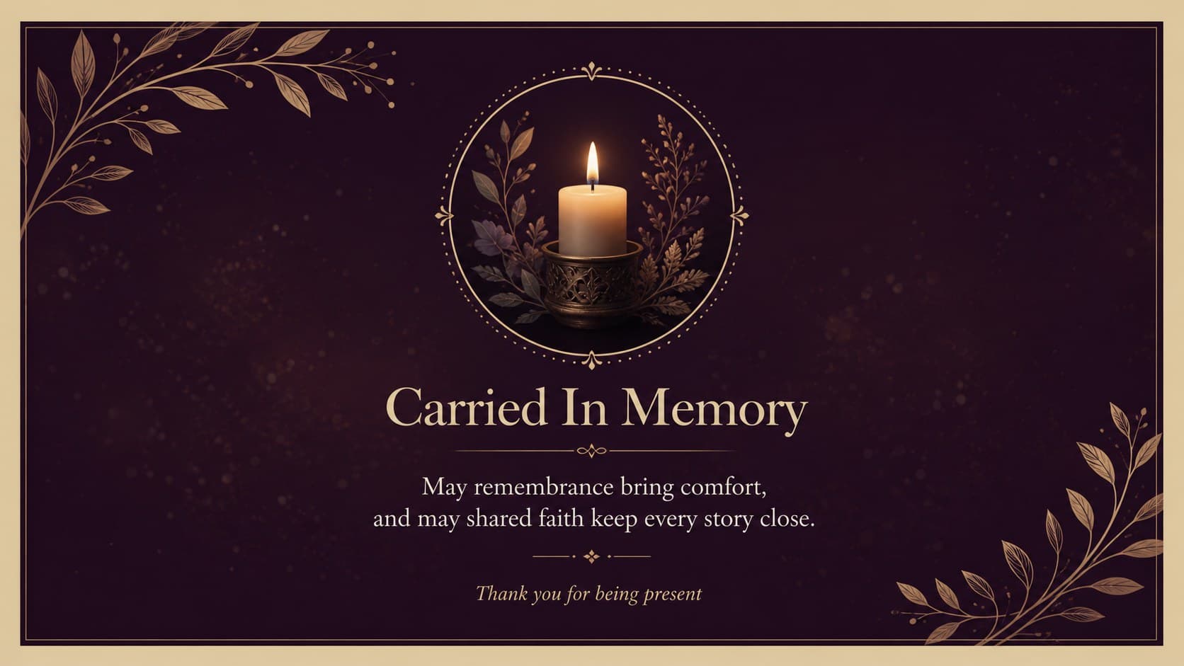 Closing memorial ceremony slide with a reflective message, candle illustration, and purple botanical decoration for a church tribute.