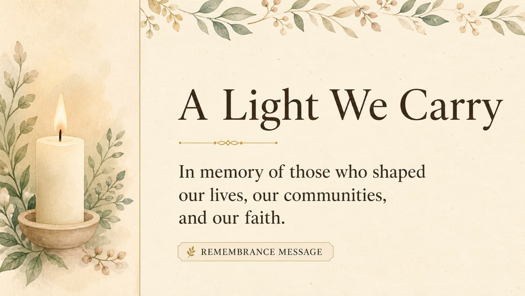 Editable memorial message slide in beige with a candle vignette and space for a church remembrance reading.