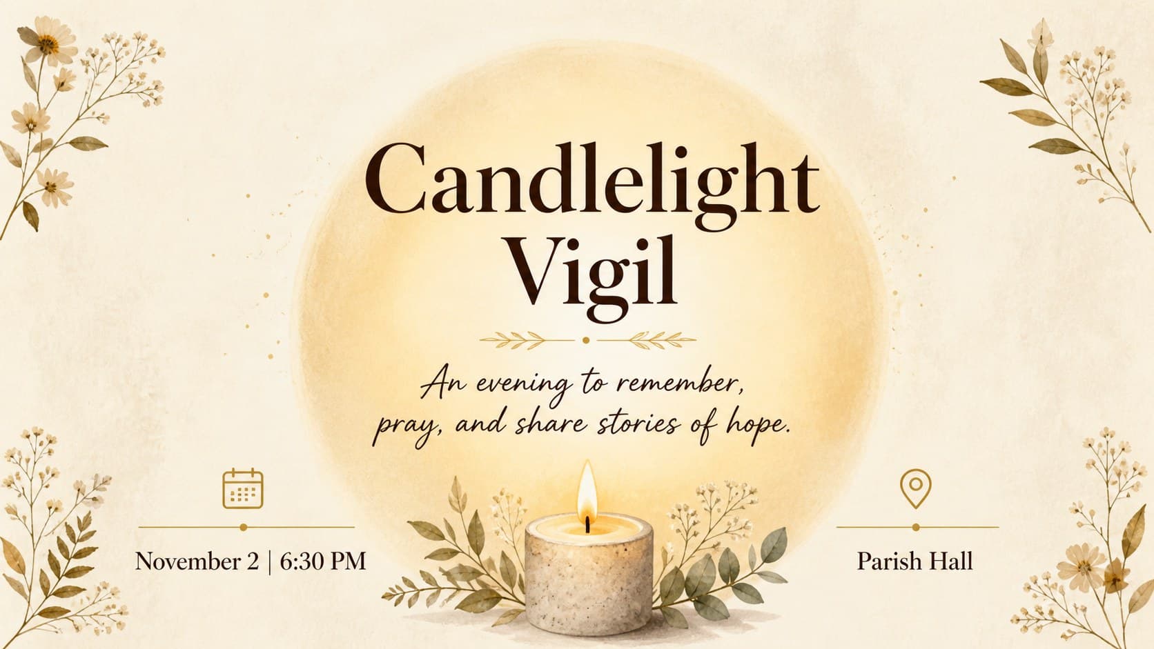 Candle vigil announcement slide showing service details in a calm beige church event layout.