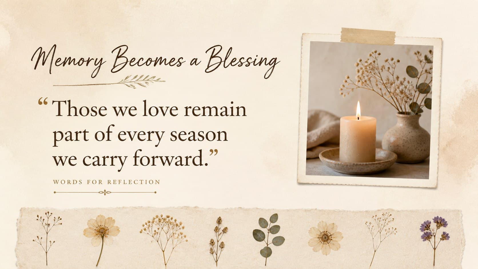 Christian memorial quote slide with an oversized quotation, soft candlelight, and beige paper texture.