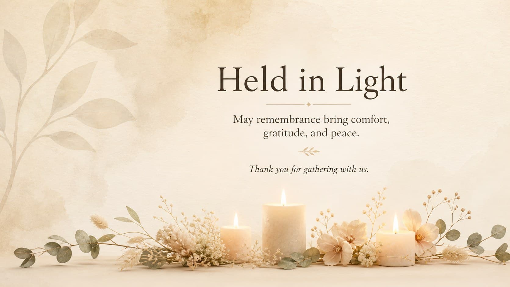 Closing reflection slide for an All Souls Day ceremony with a beige candle, prayer text, and botanical accents.