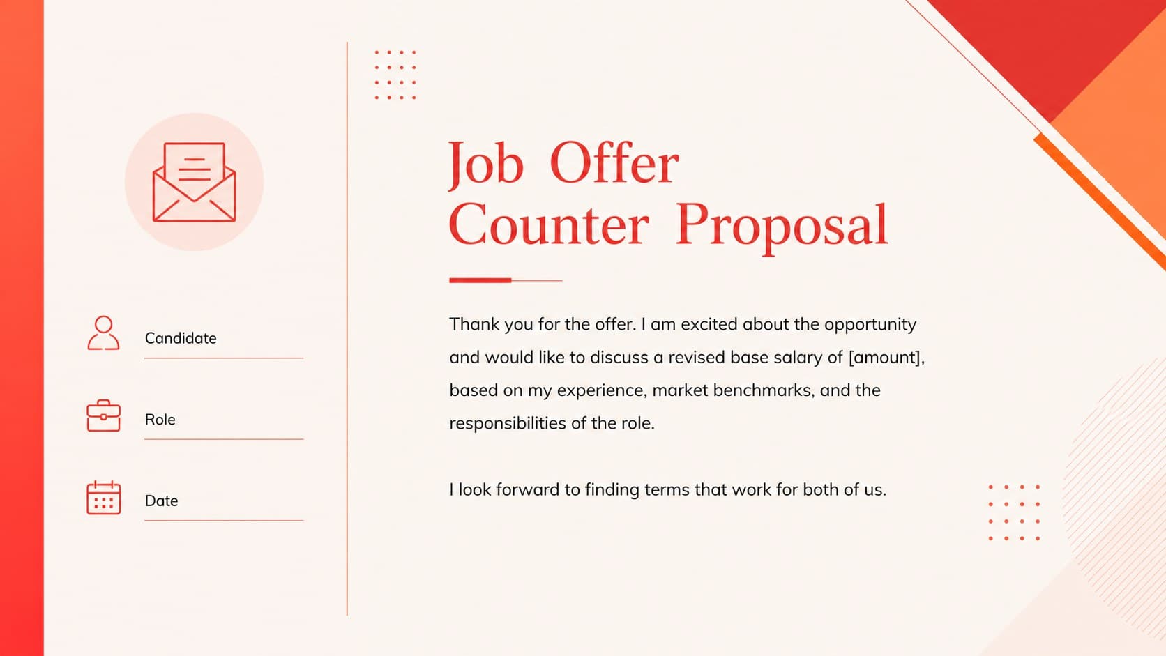 Editable job offer counter proposal letter layout with sections for appreciation, rationale, and revised terms.